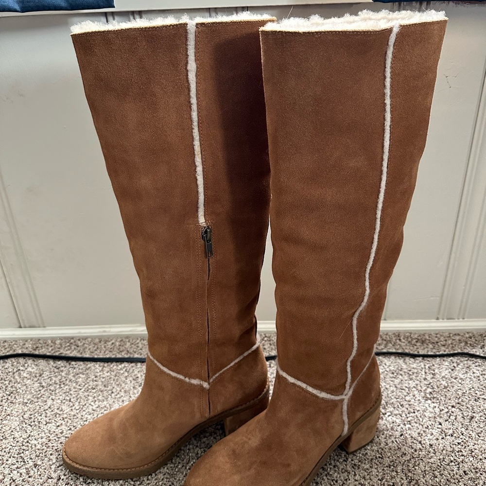 UGG Brown Suede Tall Boots with Cream Stitching